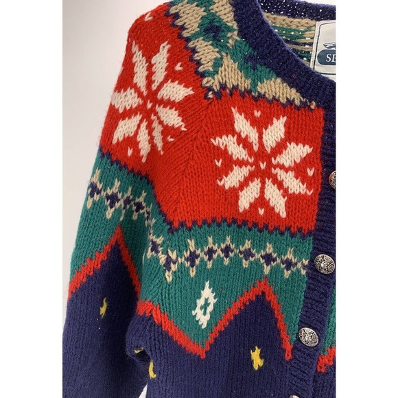 Women's Seychelle Hand Knit Button Up Cardigan Sweater Navy Blue/Green/Red Sz S - Picture 5 of 12